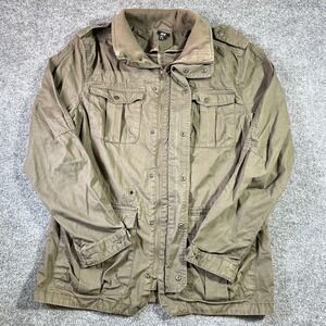 H&M Utility Jacket 44R Large Green Full Zip Corduroy Collar Epaulettes Military